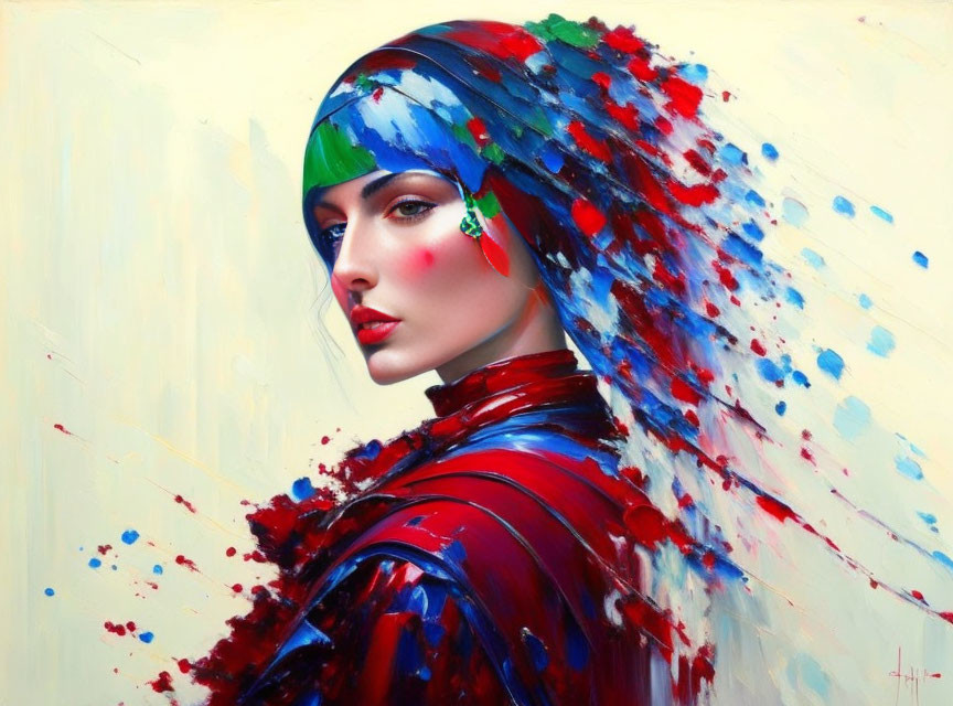 Colorful portrait of woman in paint-splattered headscarf and red outfit