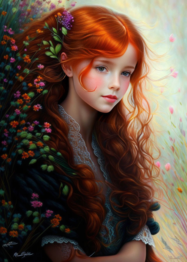 Young girl with flowing red hair and green leafy adornments in floral background