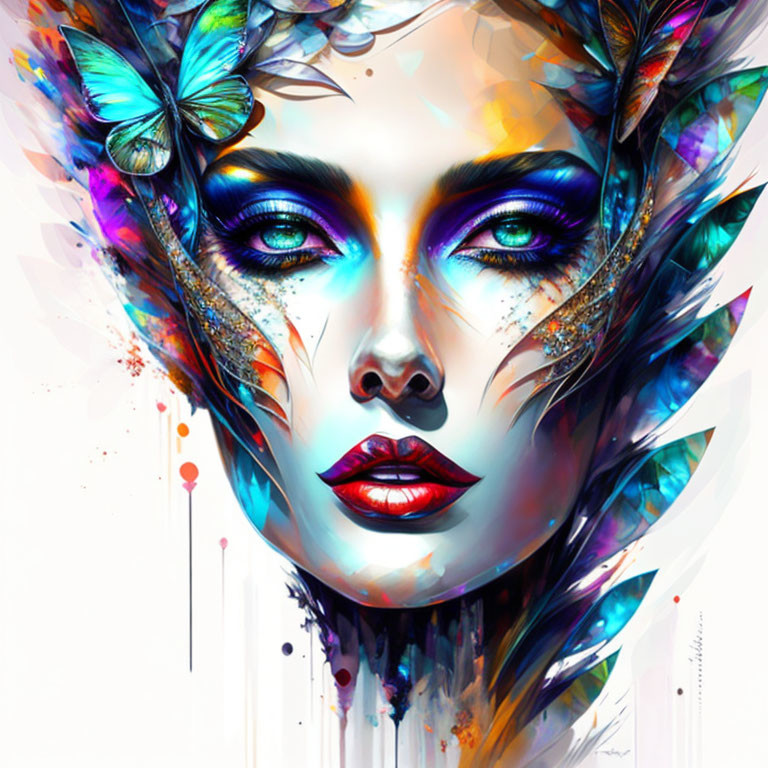 Colorful digital artwork: Woman's face with blue eyes, red lips, feathers, and butterflies.