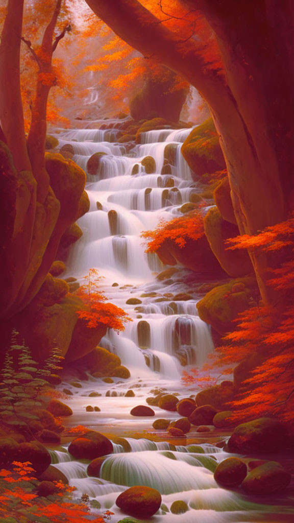 Vibrant autumn forest scene with serene waterfall