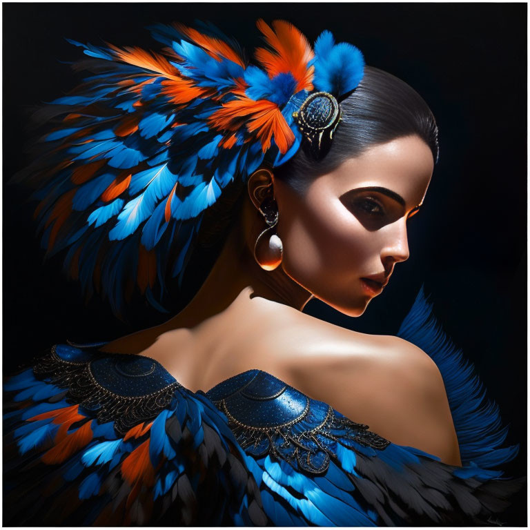 Vibrant Blue and Orange Feathered Headpiece Woman Portrait