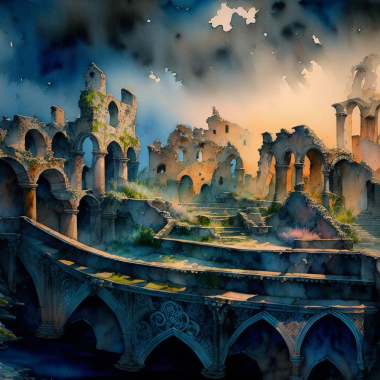 Ethereal watercolor painting: Ancient ruins at dusk