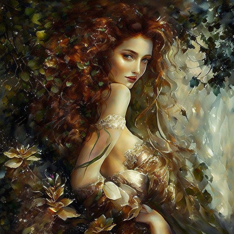 Woman with Curly Hair Surrounded by Flowers and Leaves in Nature-Inspired Art