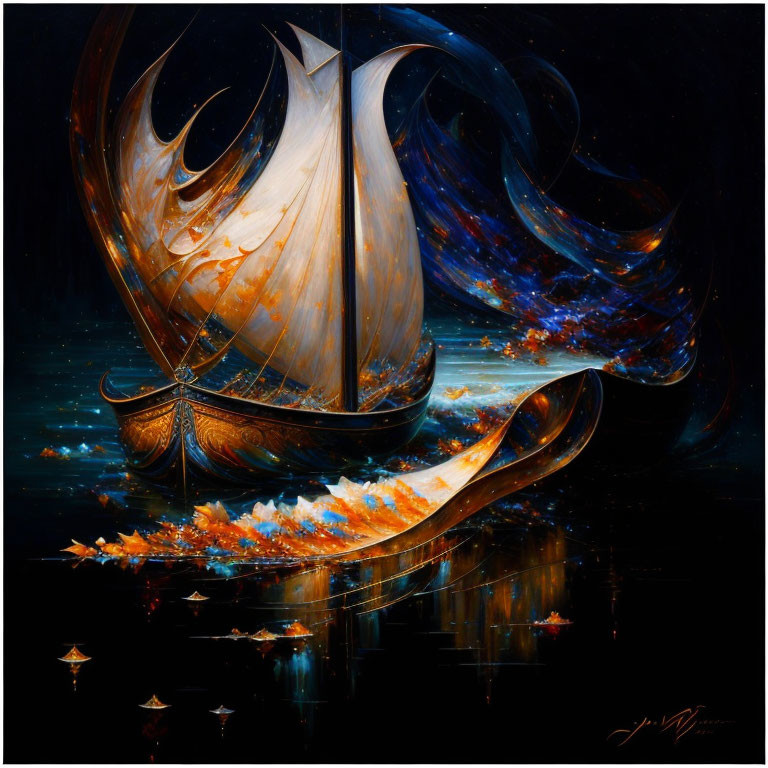 Surreal painting of golden ships in celestial ocean scene