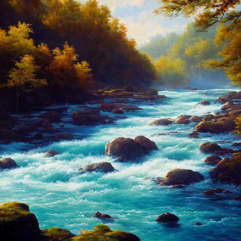 Serene forest river with sunlight and autumn trees