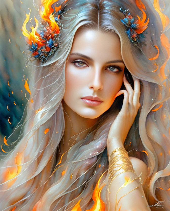 Fantastical portrait of a woman with long wavy hair and fiery blooms.