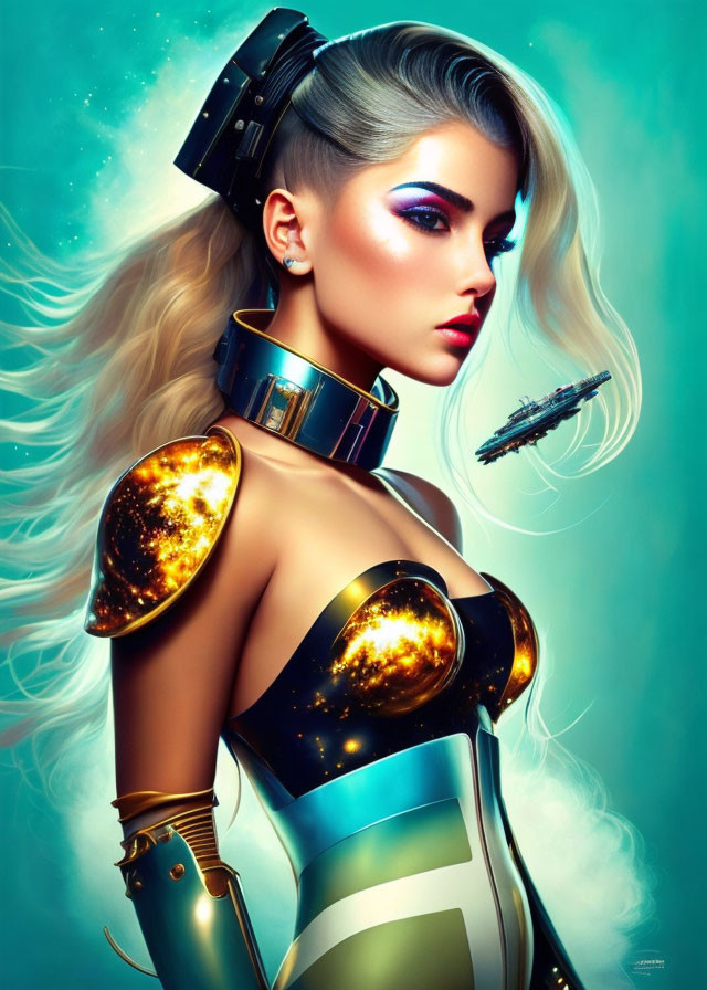 Futuristic digital art: metallic gold and black attire, blonde hair, purple eyeshadow