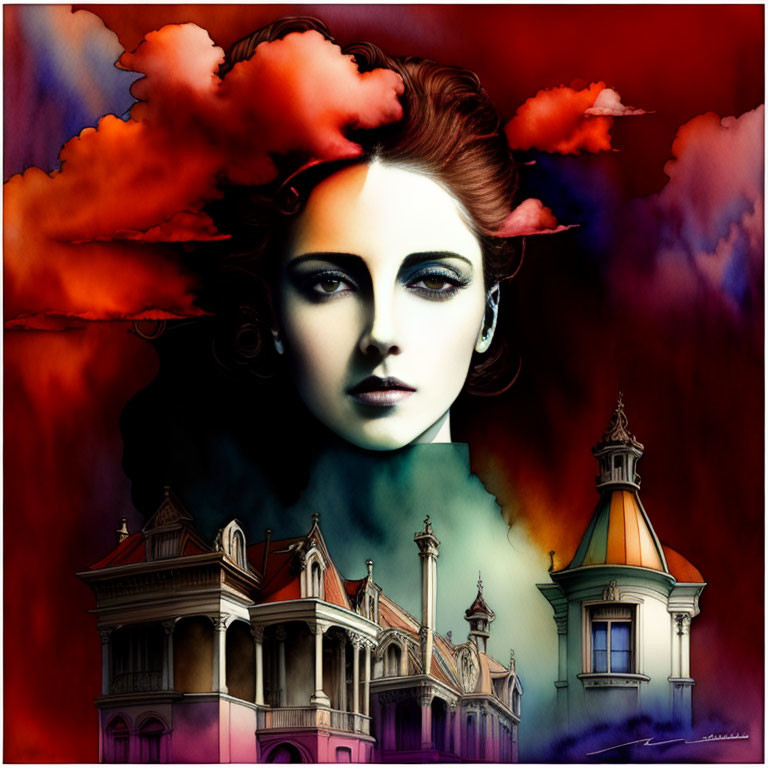 Stylized illustration of woman's face with dramatic makeup above Victorian-style mansion on vibrant sky.