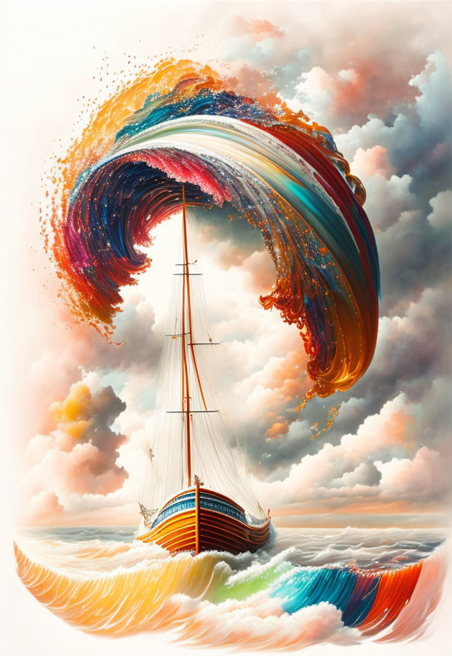 Surreal ship painting with colorful swirling waves