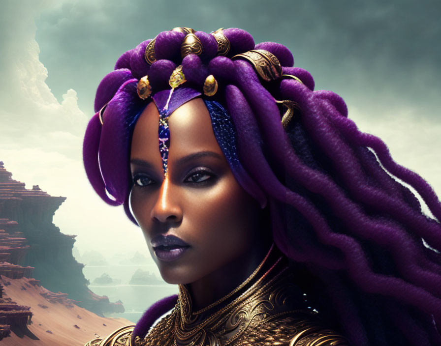 Woman with Striking Purple Dreadlocks and Regal Golden Jewelry