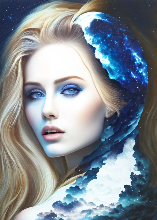 Blonde woman blending with celestial nightscape