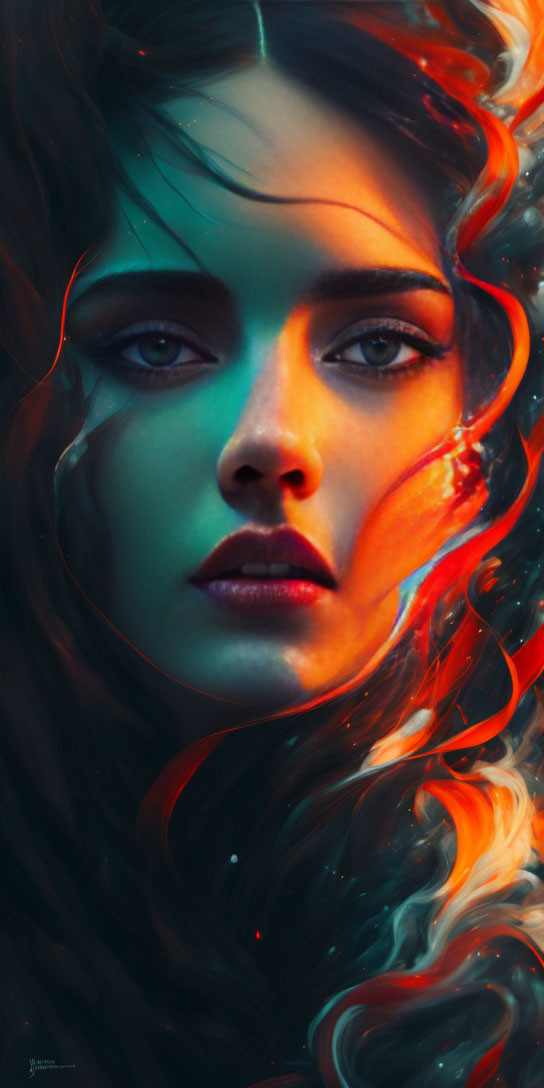 Vibrant red and turquoise swirls in artistic portrait.