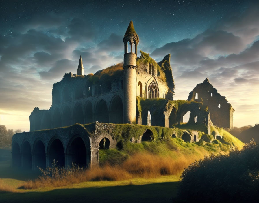 Ancient gothic abbey ruins with overgrown vegetation under starry night sky