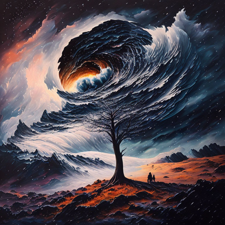 Surreal landscape with lone tree, two figures, and swirling night sky