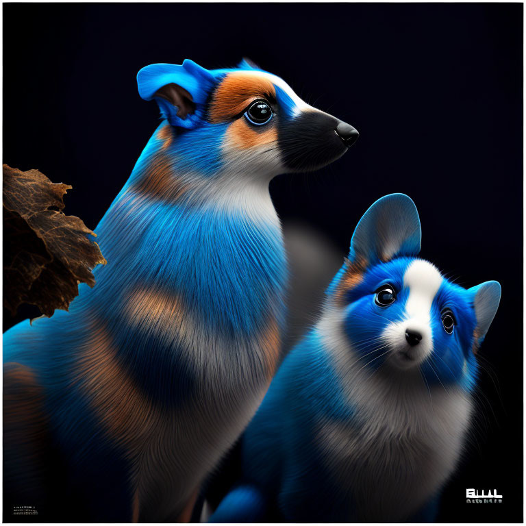 Stylized digital art: Animals with canine features, vibrant blue and orange fur, expressive eyes on