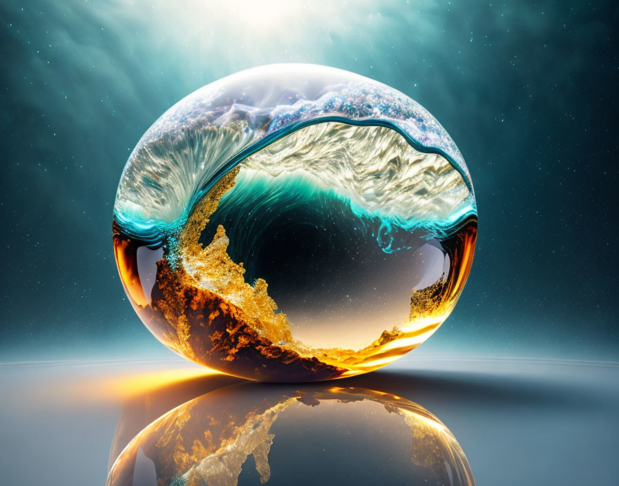 Glass sphere with miniature ocean, waves, and land reflecting under starry sky