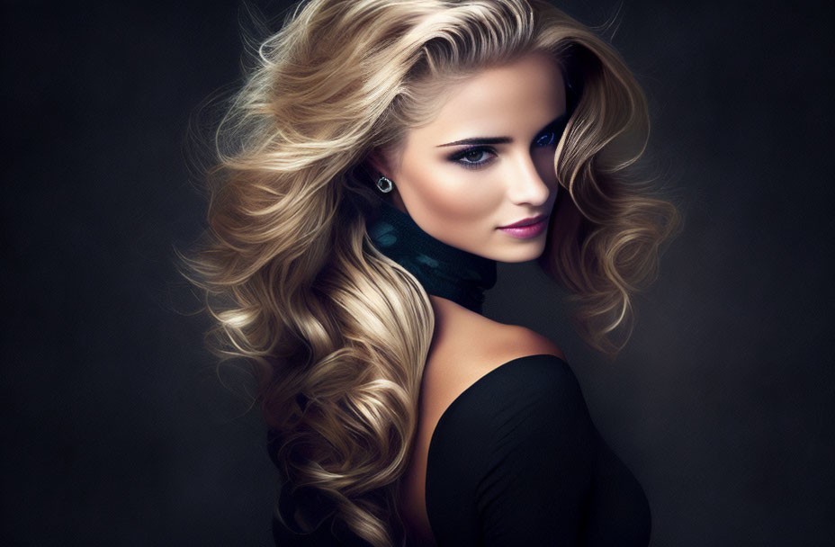 Blonde woman with voluminous curls in elegant black outfit