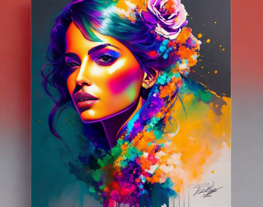 Colorful digital portrait of a woman with floral elements and splashes