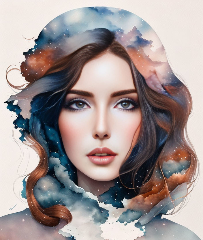 Woman with Cosmic Hair in Starry Night Sky Illustration