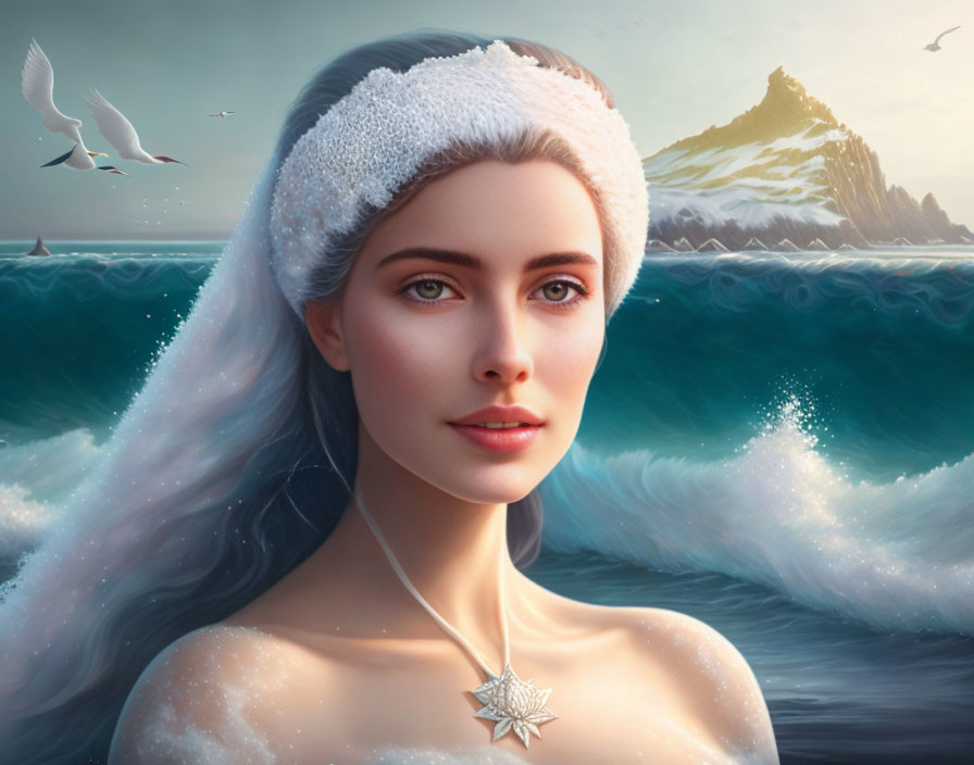 Digital artwork: Woman with headband, blue eyes, pendant, ocean backdrop, mountain, seag