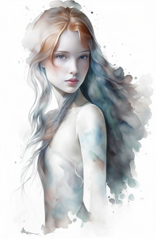 Portrait of woman with brown to blue hair against watercolor background