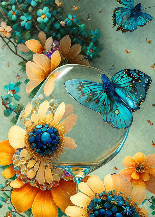 Colorful Blue Butterflies and Yellow Flowers with Dewdrop on Green Background