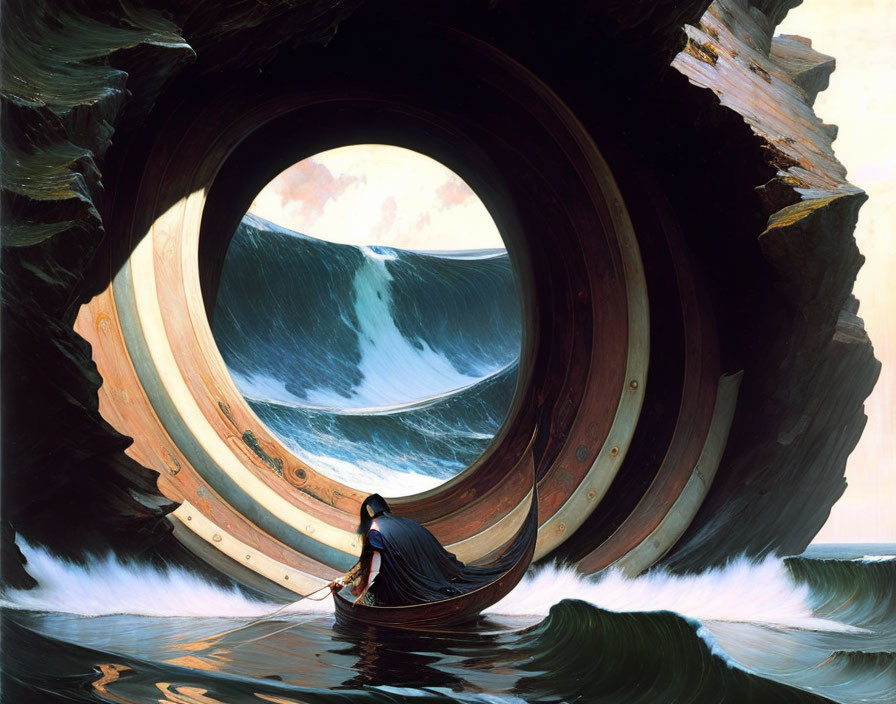 Person in cloak rows small boat in cavernous tunnel with wooden rings and view of waves.