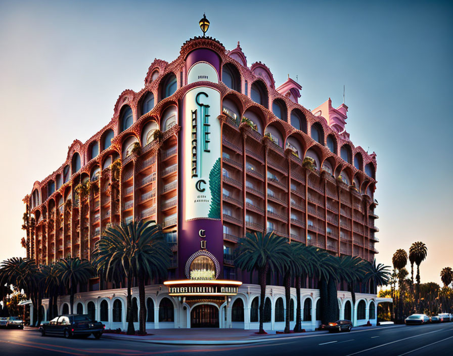 Ornate pink building with arched windows and towers at twilight