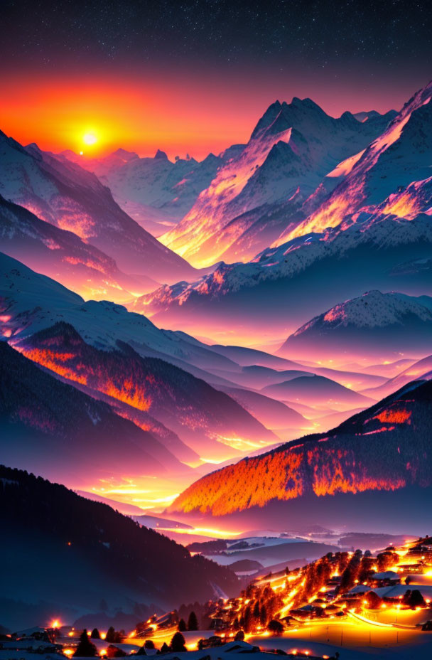 Colorful sunset over snowy mountain village with river reflection