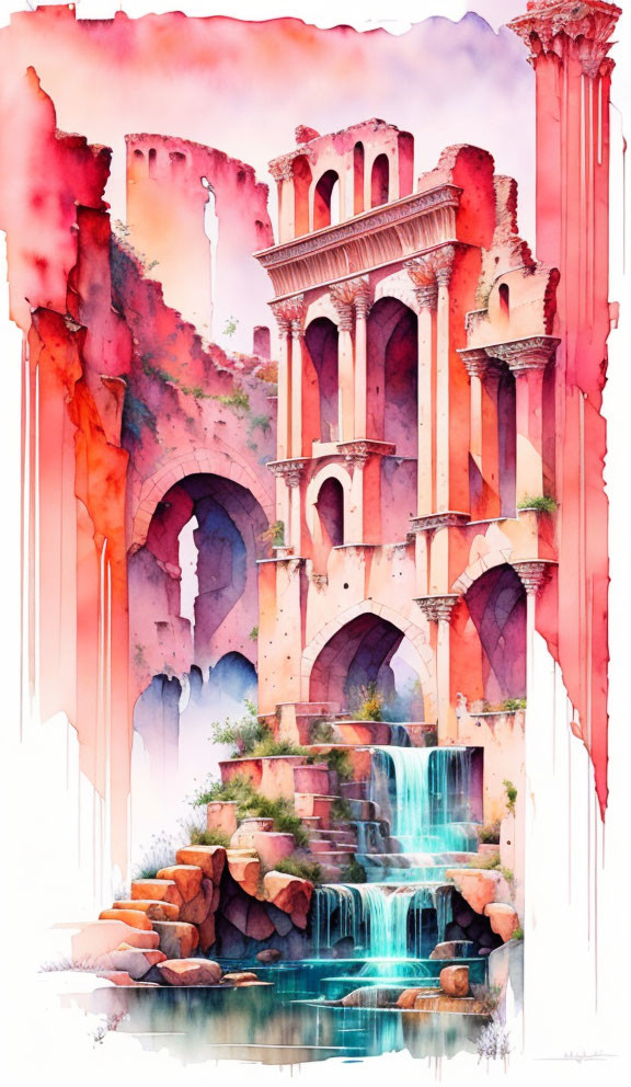 Whimsical ancient ruin with waterfalls in vibrant watercolor