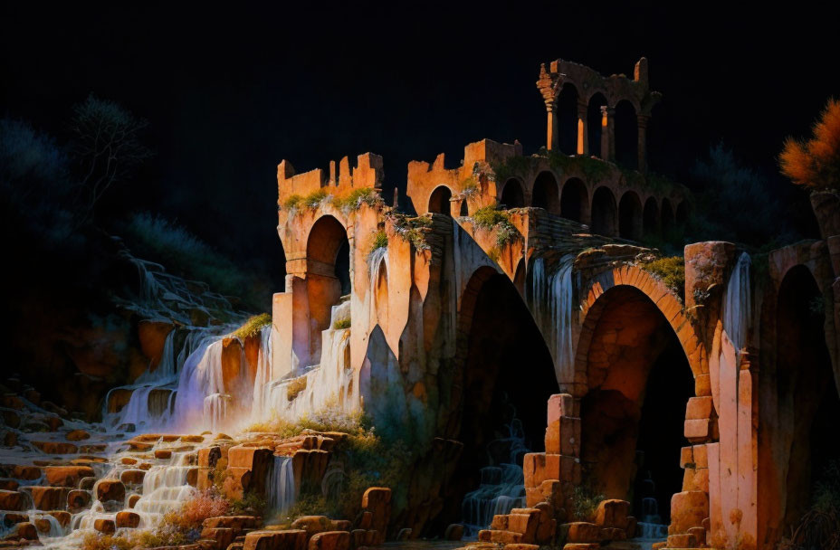 Ancient stone bridge with arches over waterfall at night surrounded by dark vegetation