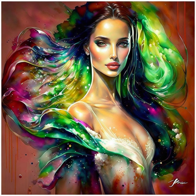 Vivid cosmic illustration of woman with flowing hair