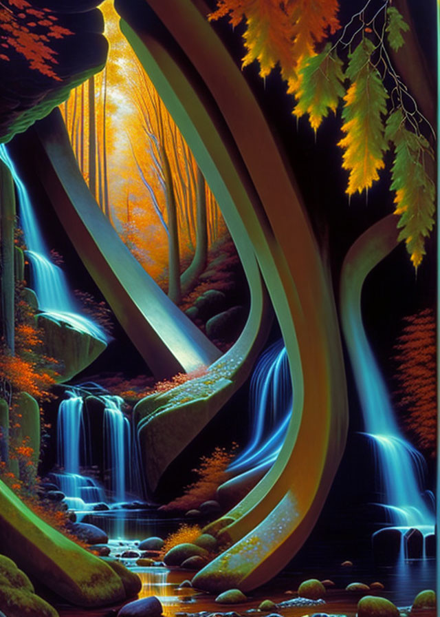 Vibrant forest scene with oversized leaves, waterfalls, glowing light, and intertwining tree tr