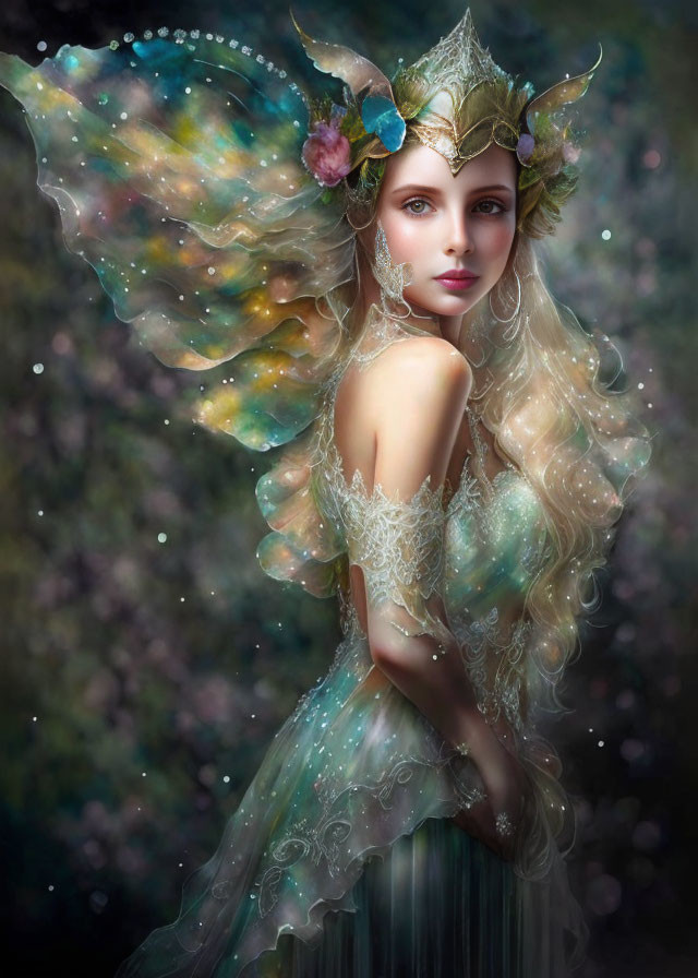 Ethereal fantasy portrait of a woman with butterfly wings in mystical forest