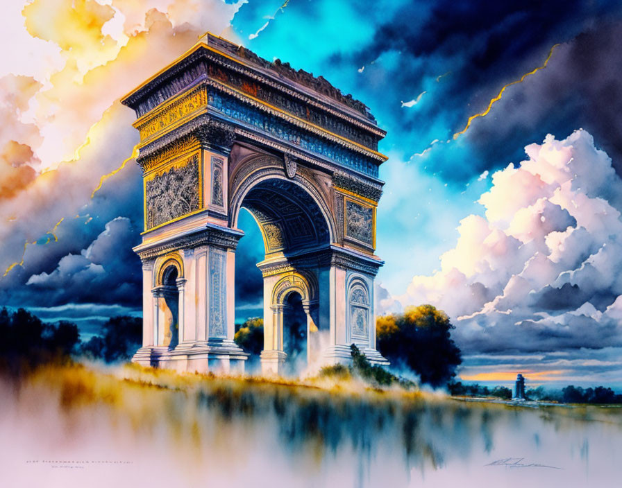 Vibrant Arc de Triomphe art with stormy sky reflection.