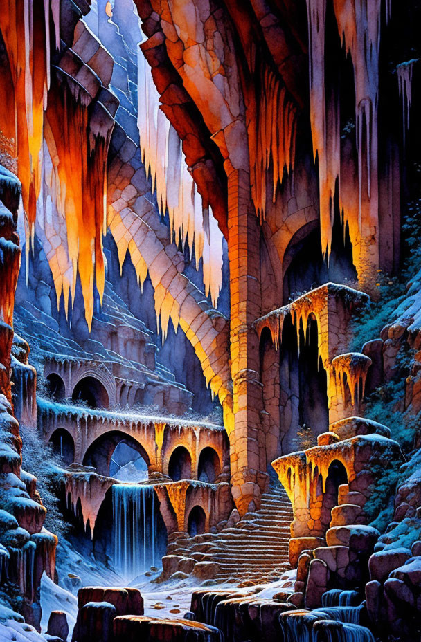 Majestic ice cavern with orange-lit stalactites & stone staircase