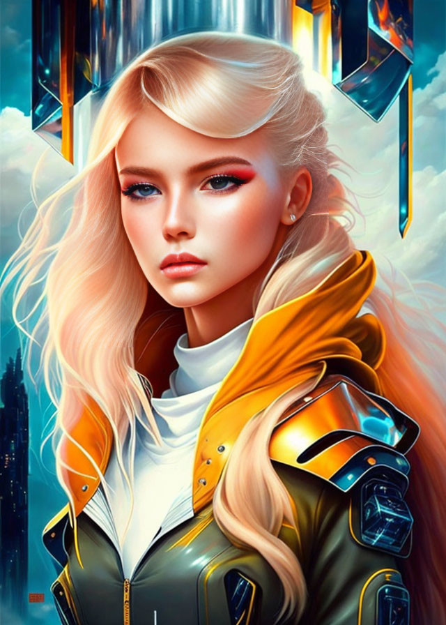 Digital artwork: Woman with platinum blonde hair in futuristic armor against sci-fi cityscape