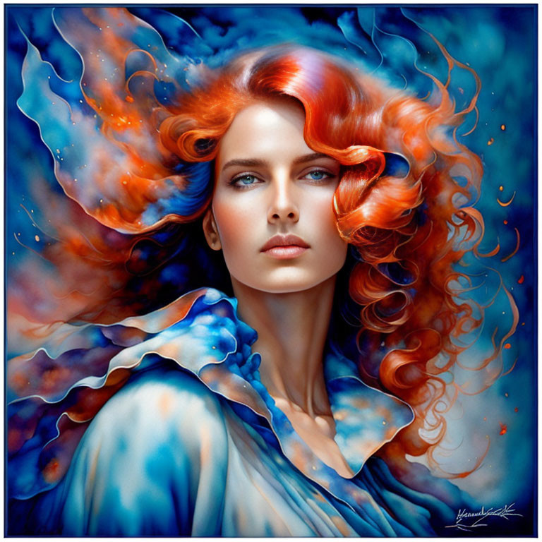 Digital Art Portrait of Woman with Fiery Red Hair & Blue Eyes