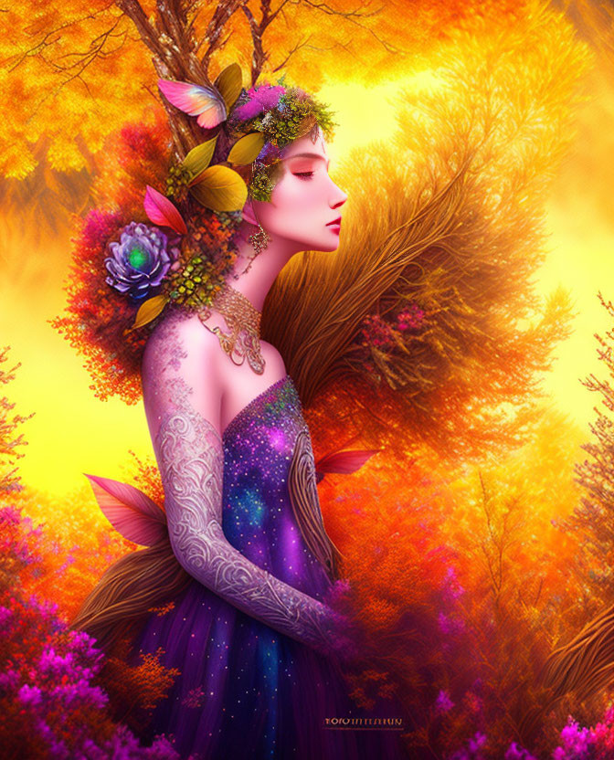 Woman with plant-like features and cosmic dress in autumn scene