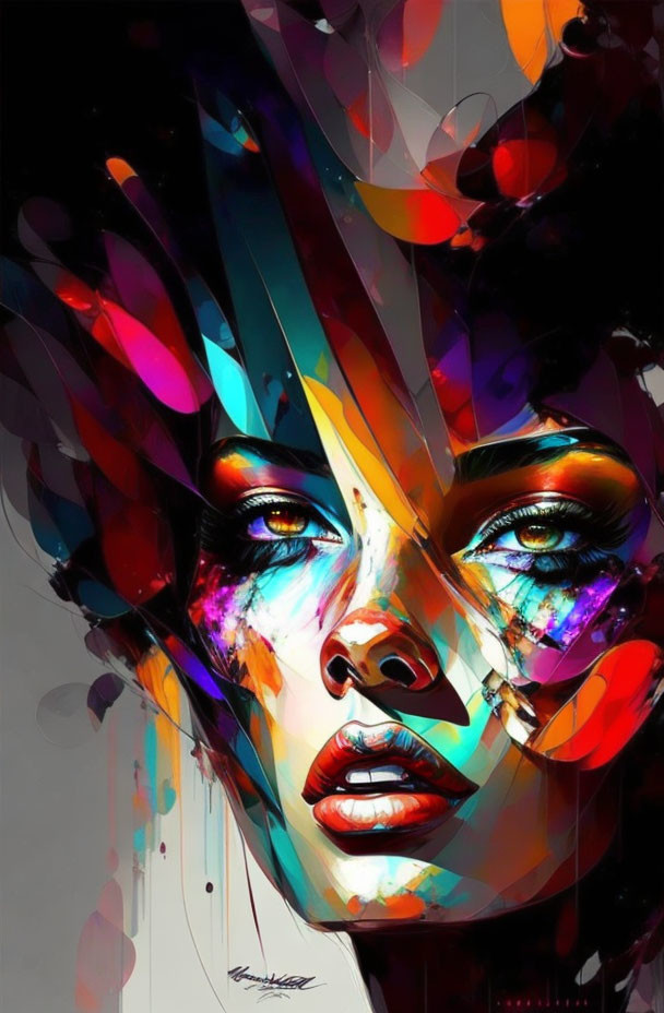 Vibrant abstract art: Woman's face with colorful paint splashes