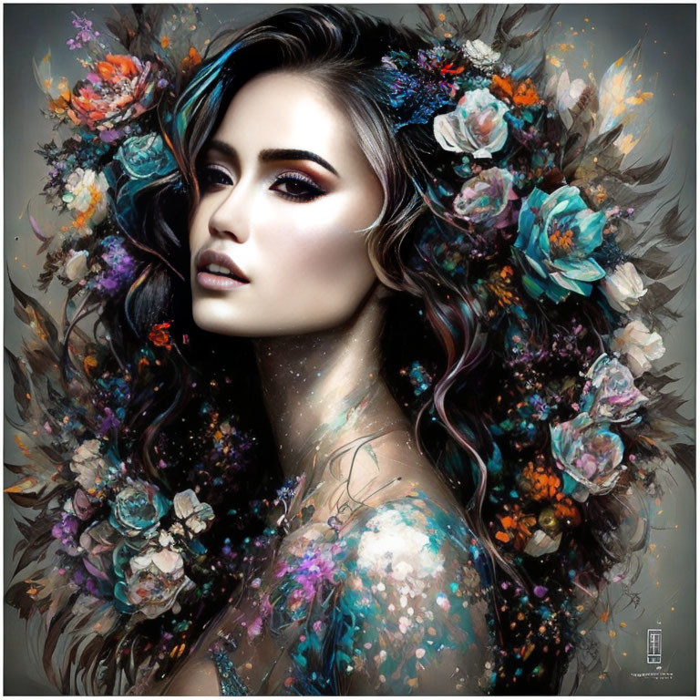 Colorful Flower Woman Digital Artwork on Grey Background