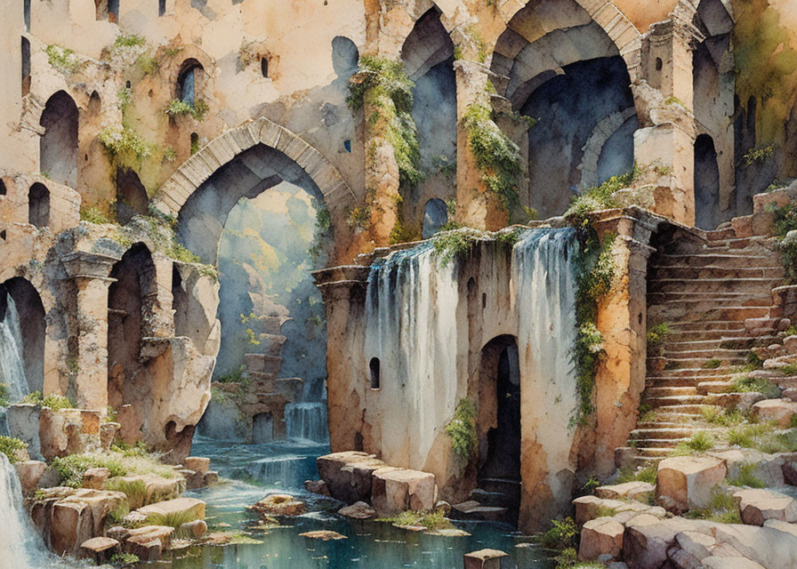 Serene watercolor painting of ancient ruins with waterfalls