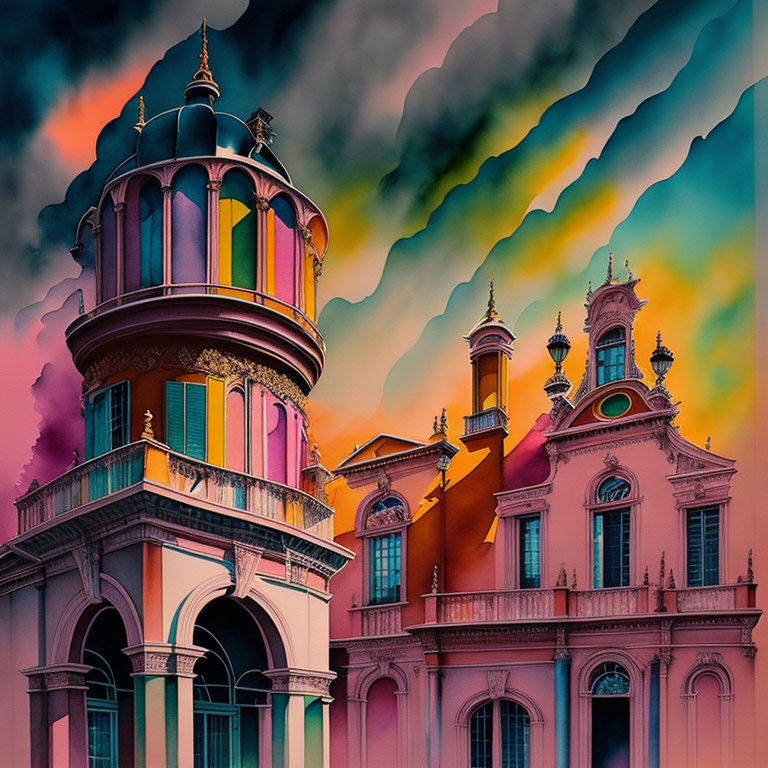 Whimsical building with domed tower under vibrant, wavy sky