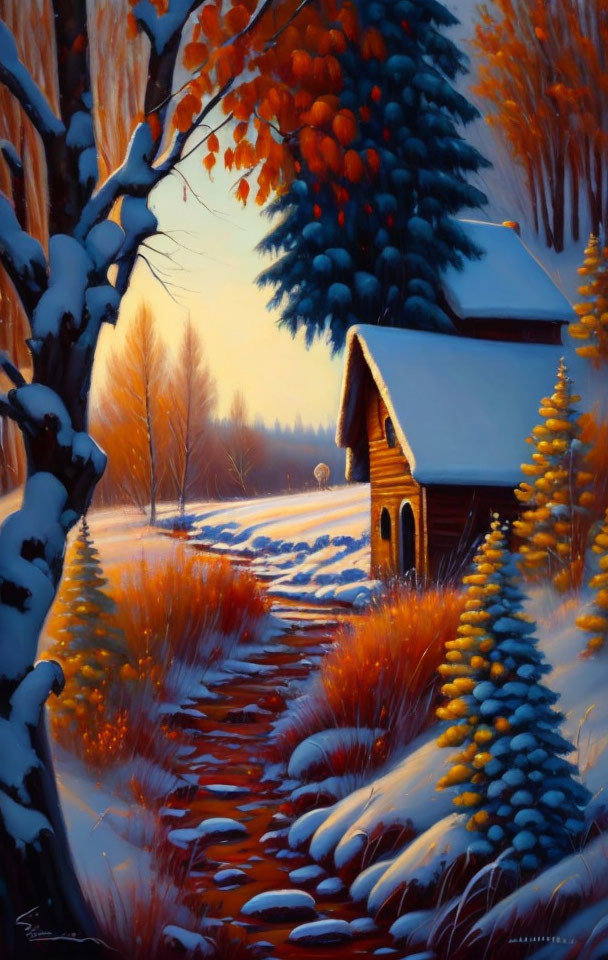 Cozy cabin in snowy autumn forest with path and warm light