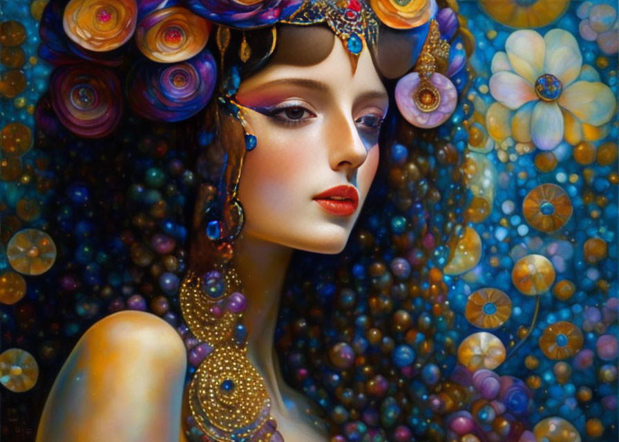 Colorful Woman with Floral Jewelry Against Circular Patterns