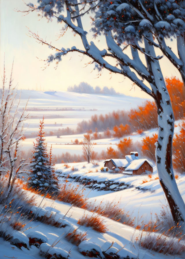 Snow-covered trees and small house in serene winter scene at sunset or sunrise