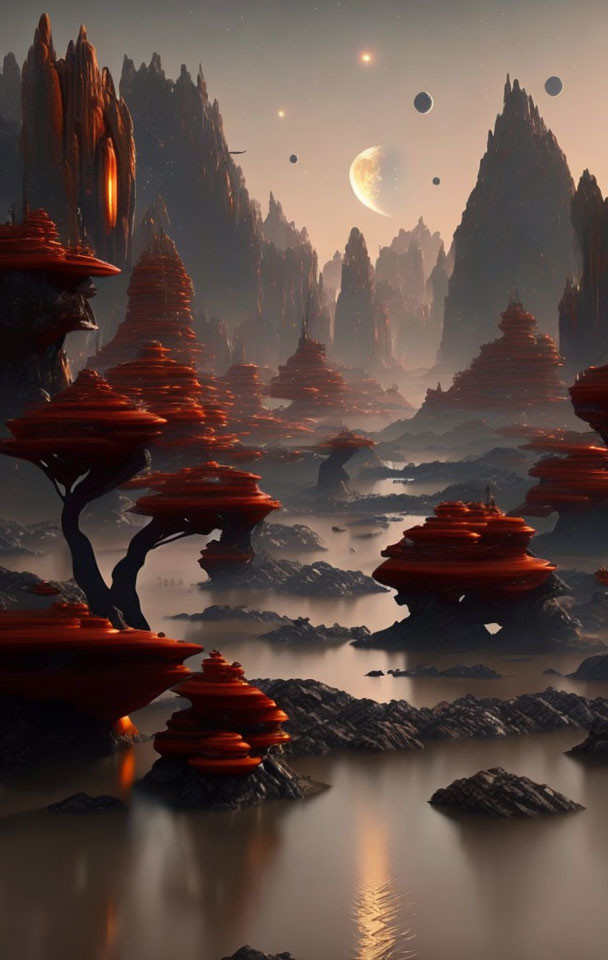 Surreal alien landscape with towering spires and floating rock formations