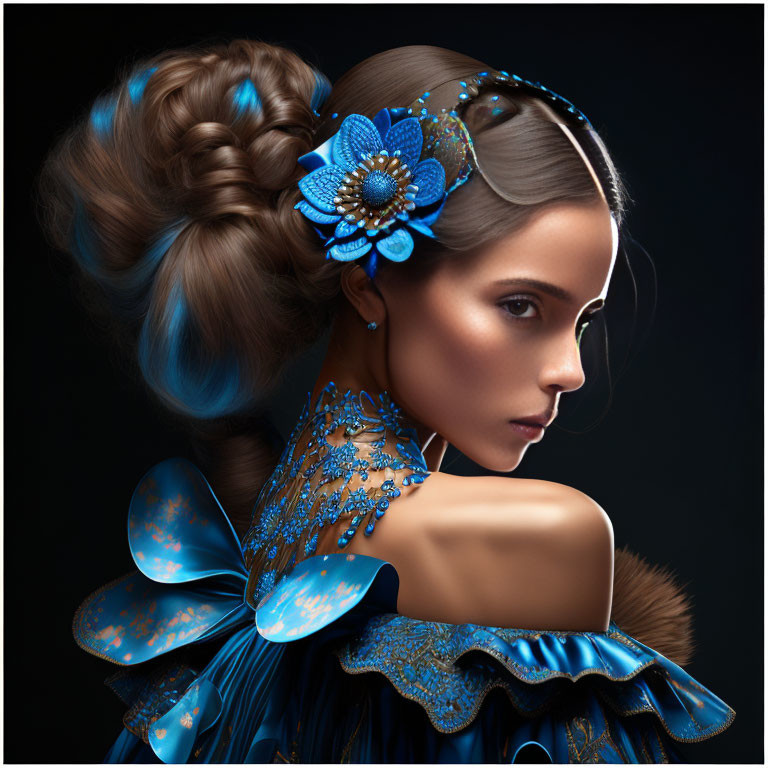 Elaborate Blue Floral Hair Accessory and Shoulder Adornment Portrait