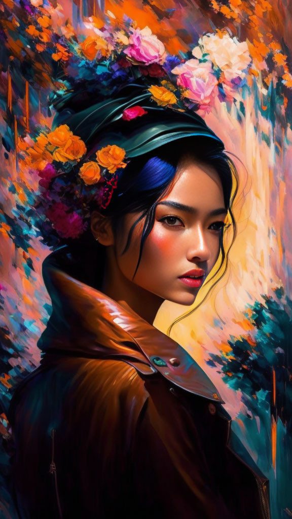 Digital painting of woman with floral headpiece and blue hair in autumnal setting