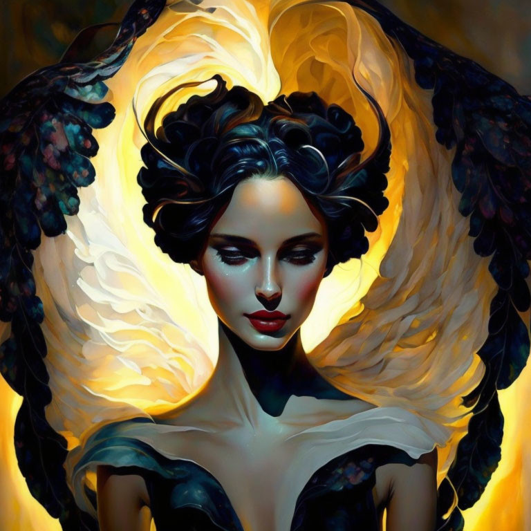 Dark-haired woman with angelic wings in digital art piece.